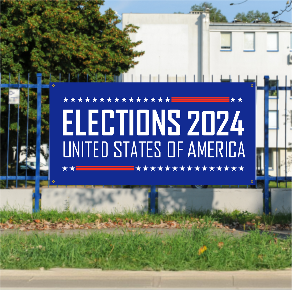 Royal blue vinyl election sign banner on a fence in front of a cement building. 