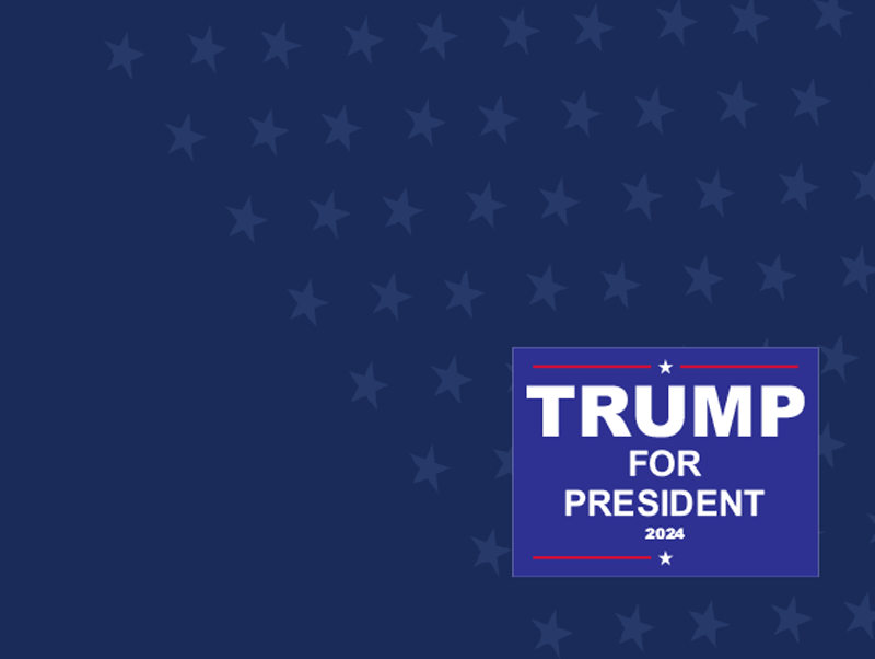 A navy blue design with stars, featuring a campaign sign endorsing Donald Trump.