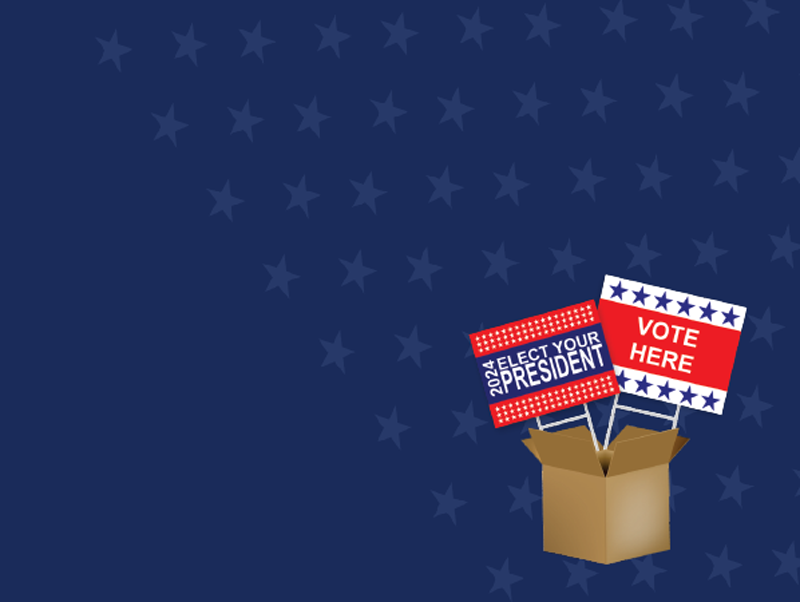 Navy banner with stars behind a shipping box of campaign signs.