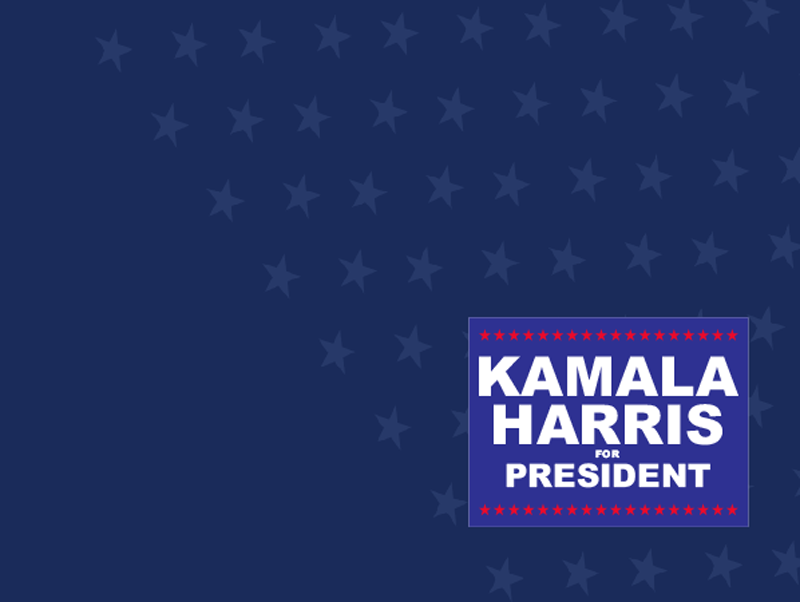 A navy blue design with stars, featuring a campaign sign endorsing Kamala Harris.