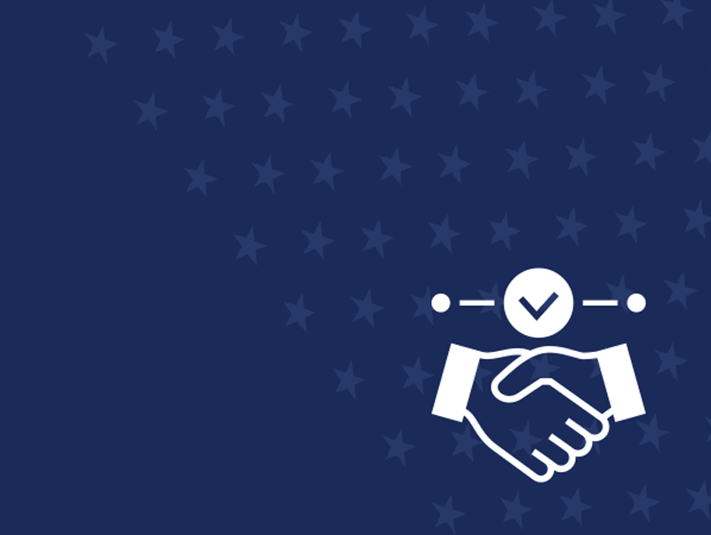 "A navy blue design with star accents, showcasing a graphic of a handshake of agreement.