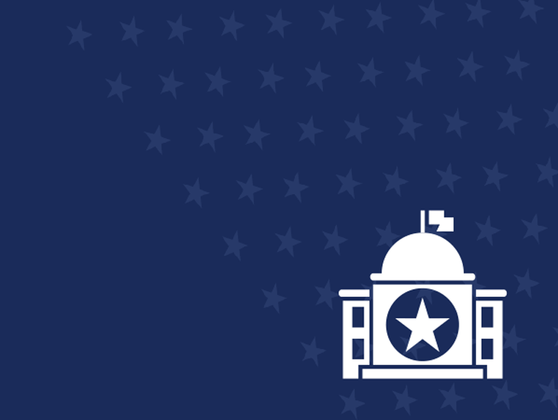 "A navy blue design with star accents, showcasing a graphic government building.