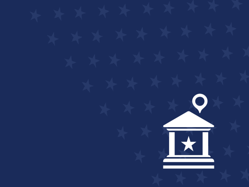 "A navy blue design with star accents, showcasing a graphic of location for voting.