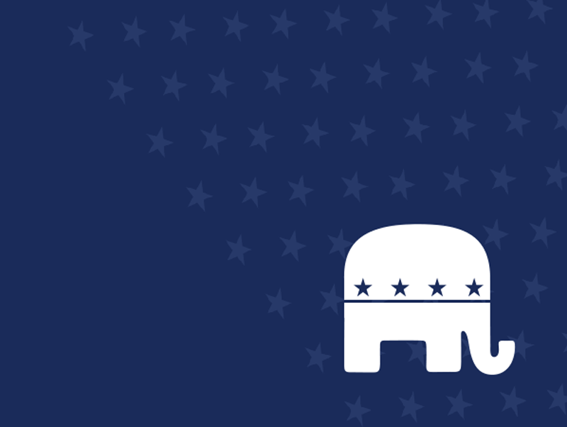 A navy blue design with star accents, showcasing a graphic of an elephant for the Republican party.