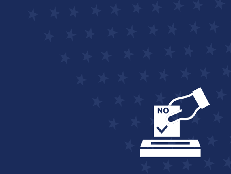 A navy blue design with star accents, showcasing a graphic of a ballot box with a "no" vote.