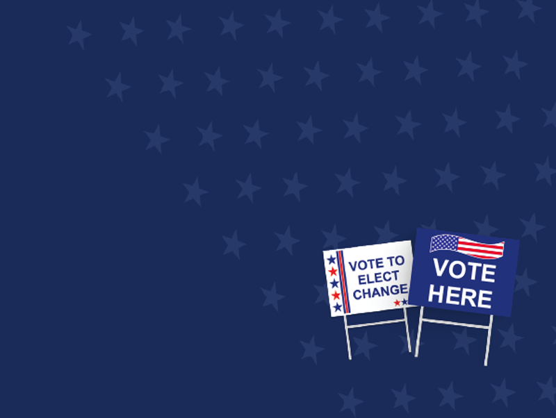 Navy blue banner with stars and examples of yard signs on the right-hand side.