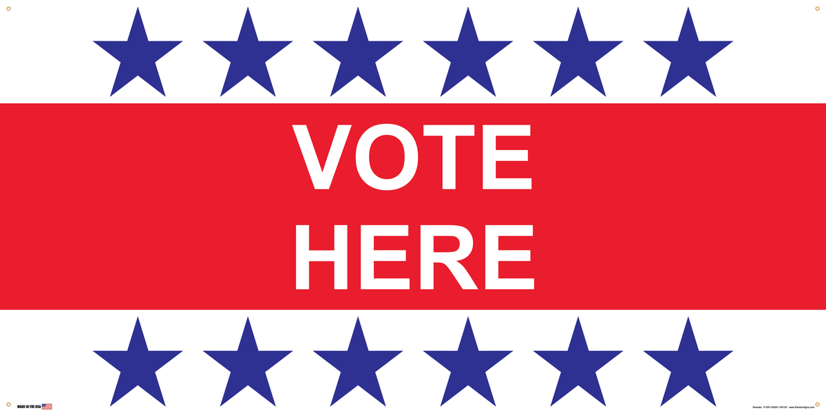 Polling Place Banner on Banner Design 6 Blue Stars Top and Bottom Red Center on White Background