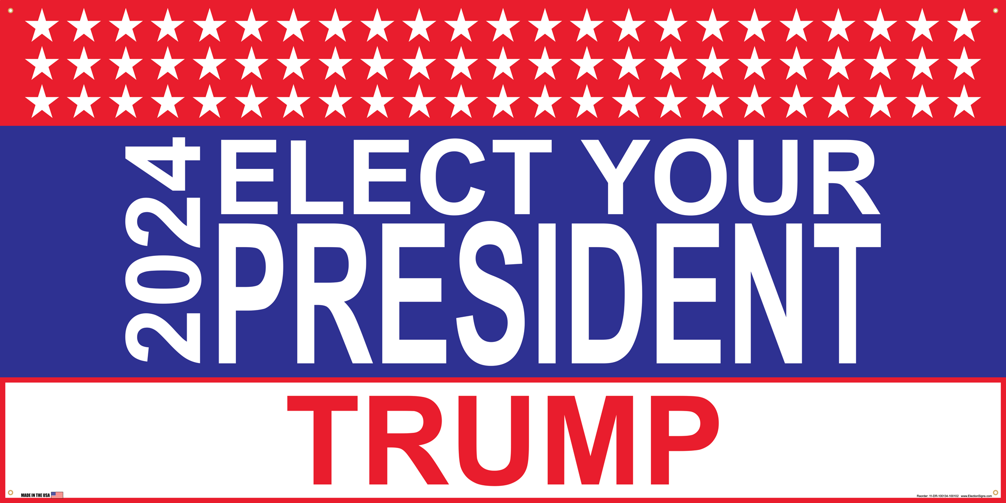 Election Banner on Banner Design Three Rows of White Stars Top Text Box Bottom Blue Center Box Red Bkg