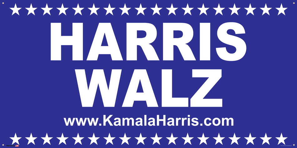 Support Kamala Harris Election Banner on Banner Design White Stars Top and Bottom Blue Background