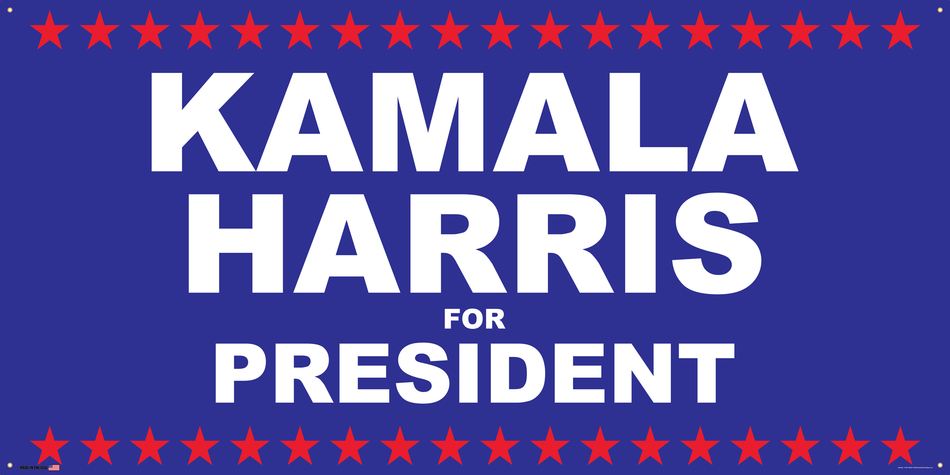 Support Kamala Harris Election Banner on Banner Design Red Stars Top and Bottom Blue Background