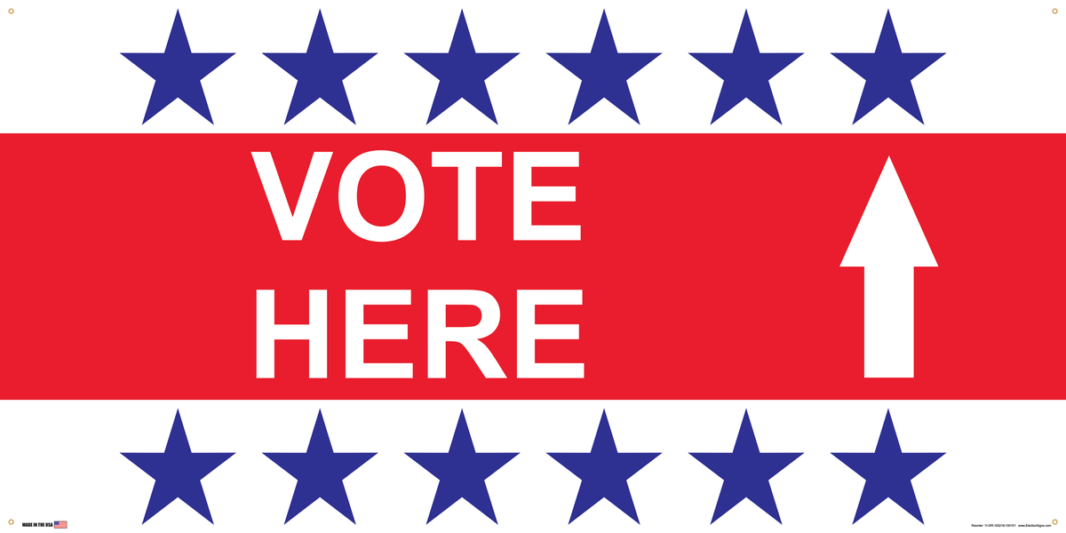 Polling Place Banner on Banner Design 6 Blue Stars Top and Bottom Red Center on White Background