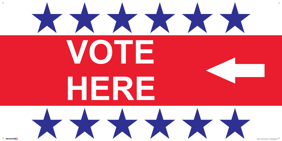 Polling Place Banner on Banner Design 6 Blue Stars Top and Bottom Red Center on White Background