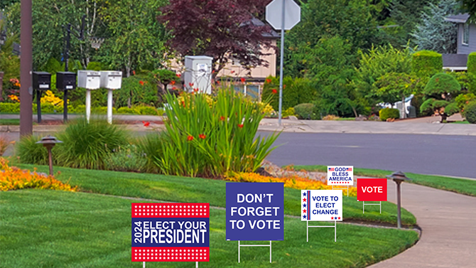 Voting signs with different messages on a lawn.